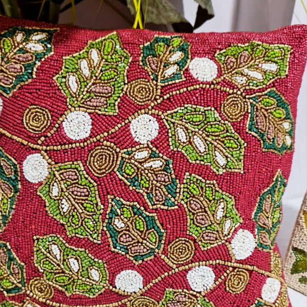 Red Berry Leaf Beads Cushion Cover
