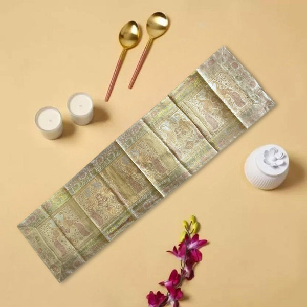 Brocade Peacock Silk Table Runner - Light Beige, Gold in color - hmindistyle