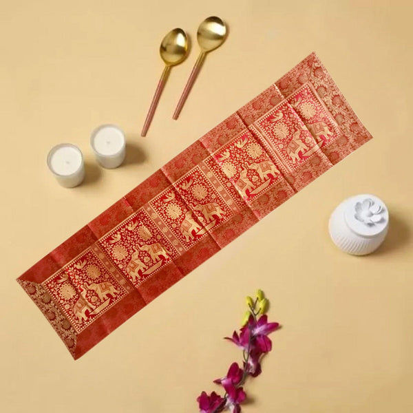 Brocade Elephant Silk Table Runner - Red, Gold in color - hmindistyle