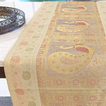 Brocade Peacock Silk Table Runner - Beige, Gold in color
