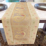 Brocade Peacock Silk Table Runner - Beige, Gold in color